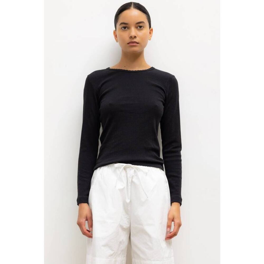 LESET Long Sleeve Pointelle Slim Fit Tee Shirt in Black XS